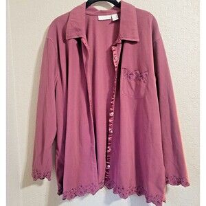 Vintage J Jill Fleece Button Down Shirt Large Plum Embroidered Satin Trim
